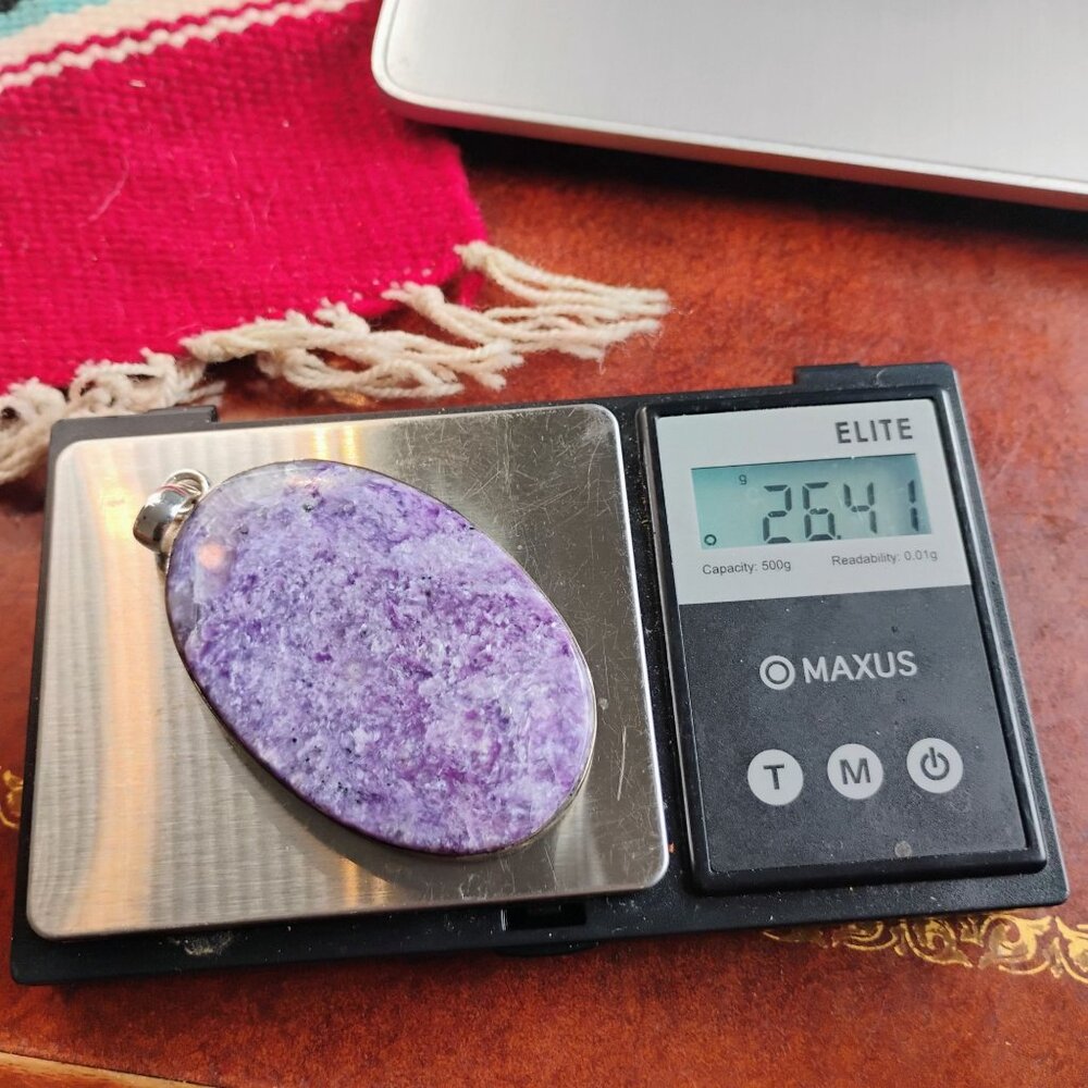 Huge Purple Charoite Sterling Silver Pendant Oval Slab 3" Long 26.4g - Picture 8 of 9
